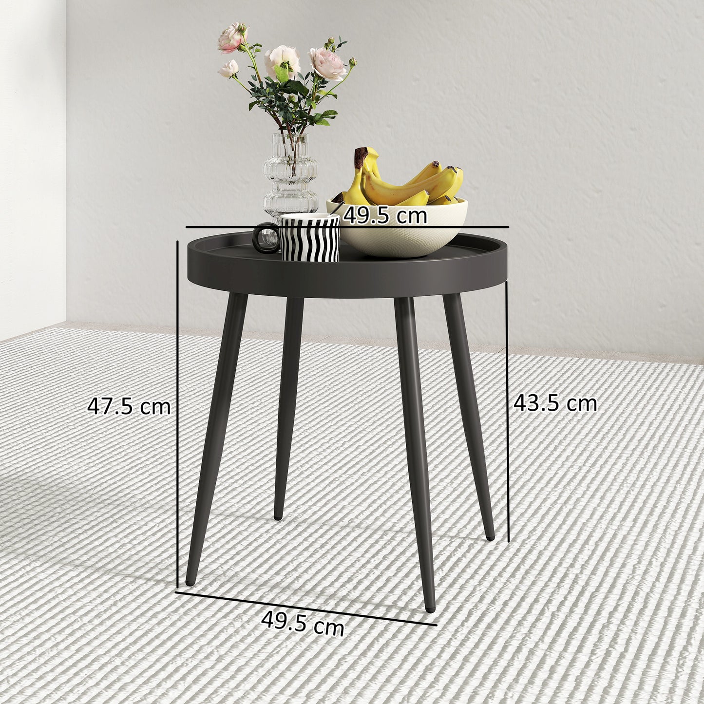 49.5 cm Round Garden Table, Small Outdoor Coffee Side Table with Plastic Tray-Style Top, Metal Legs, Black