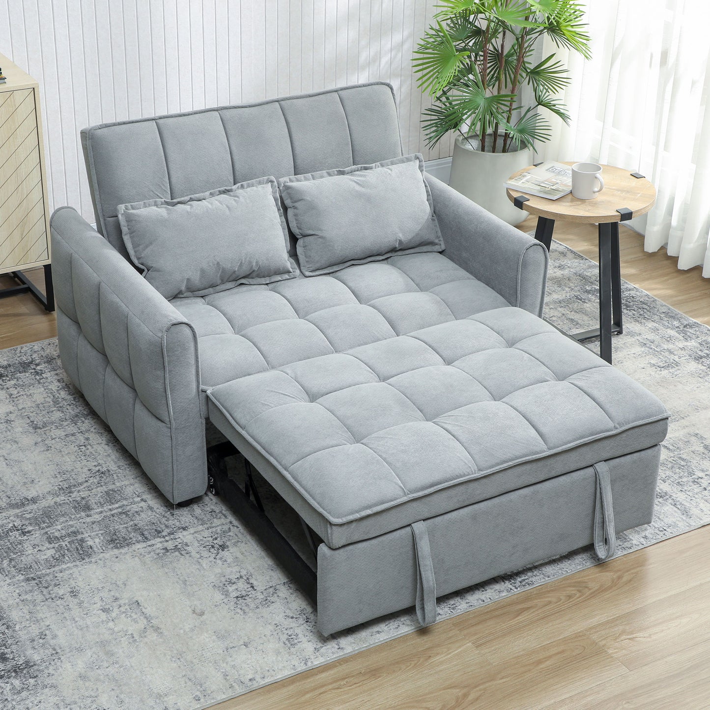 2 Seater Sofa Bed, 3-in-1 Convertible Sleeper Sofa with Click-clack Adjustable Backrest and 2 Pillows, Grey