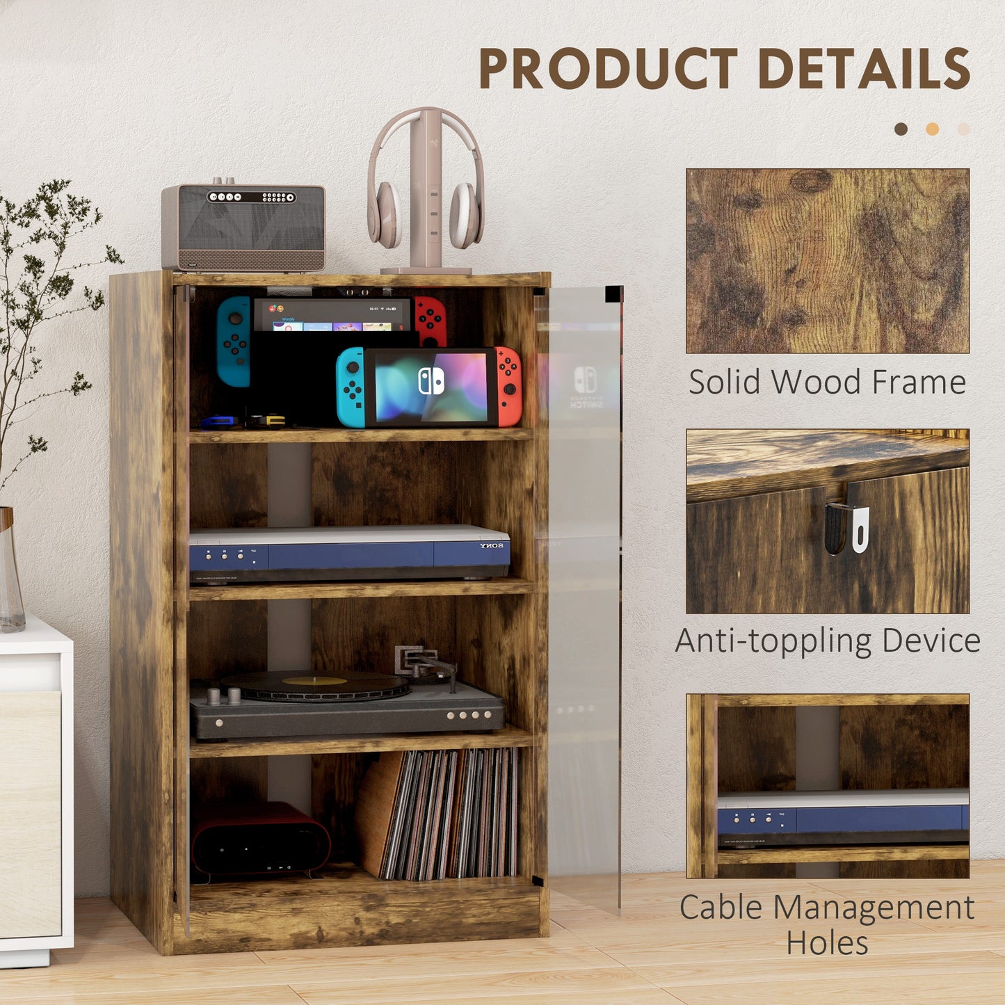 4-Tier Hi-Fi Stand, Record Player Stand with Adjustable Shelves and Push-to-Open Glass Doors, Rustic Brown