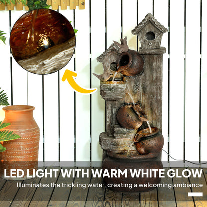 2-in-1 Waterfall Fountain with Birdhouse, Resin Garden Water Fountain with LED Lights Pump