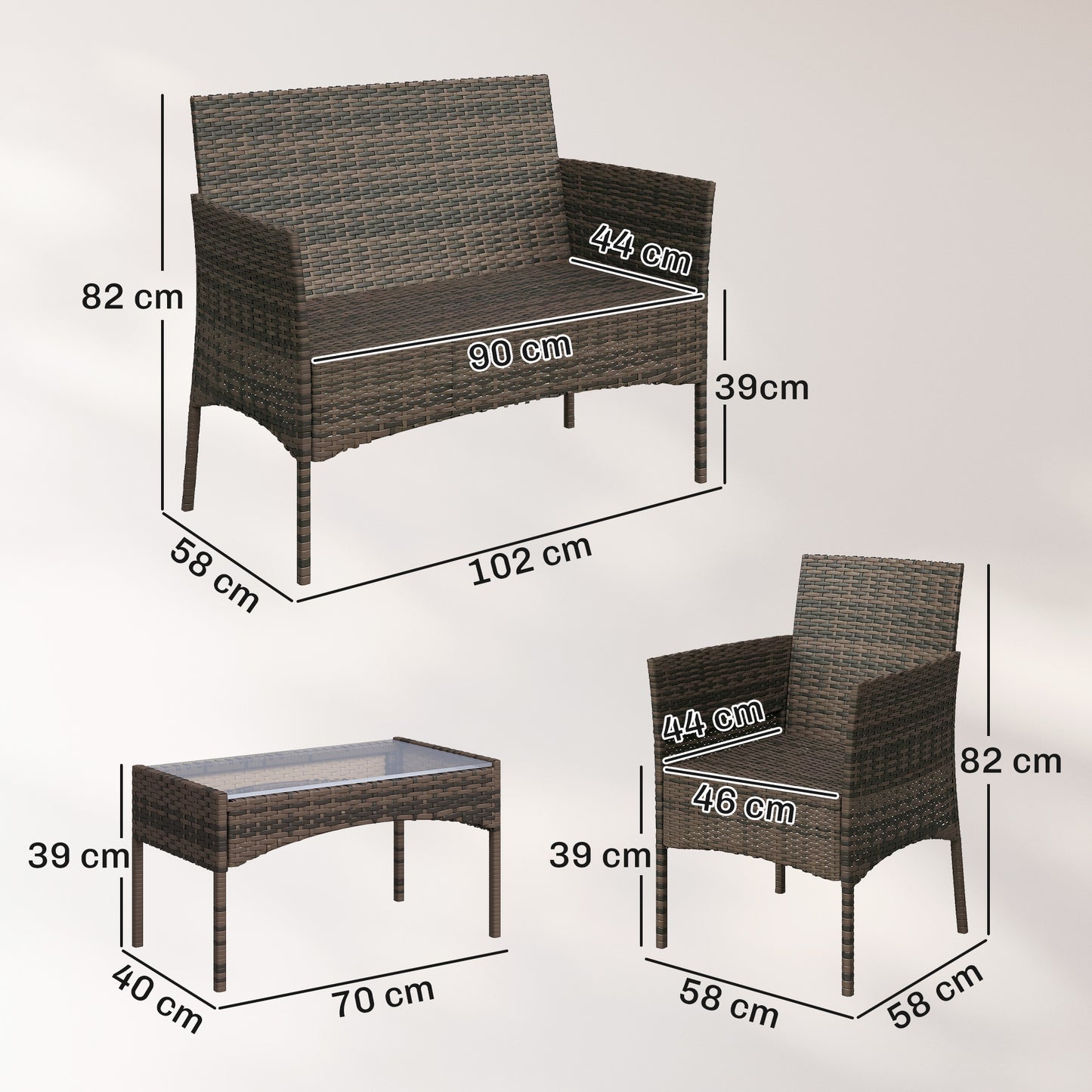 4 Piece Rattan Garden Furniture Sofa Set with Loveseat, Armchairs, Glass-Top Coffee Table and Cushions, Brown
