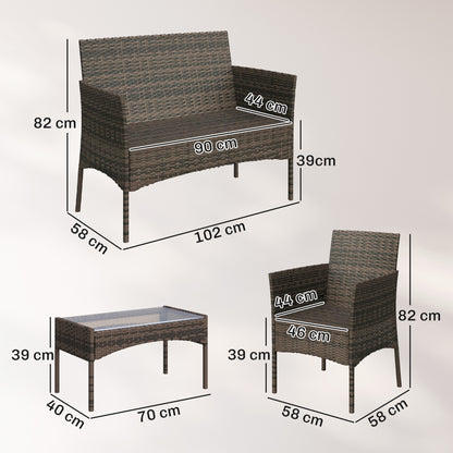 4 Piece Rattan Garden Furniture Sofa Set with Loveseat, Armchairs, Glass-Top Coffee Table and Cushions, Brown