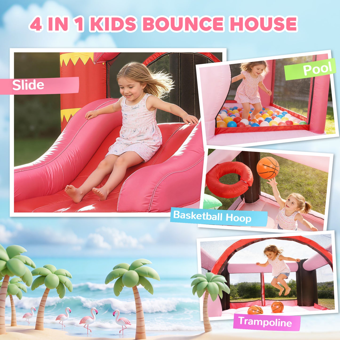 Inflatable Bounce House for Kids with Slide, Ball Pit, Basketball Hoop and Blower for Indoor Outdoor Garden, Pink