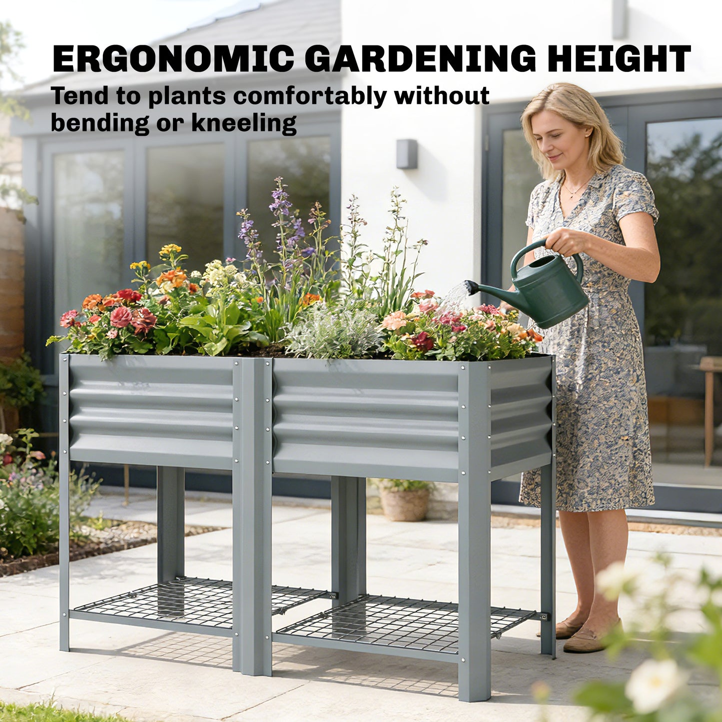 Raised Garden Bed with Storage Shelf Steel Elevated Planter Box with Legs for Outdoor Vegetables Flowers