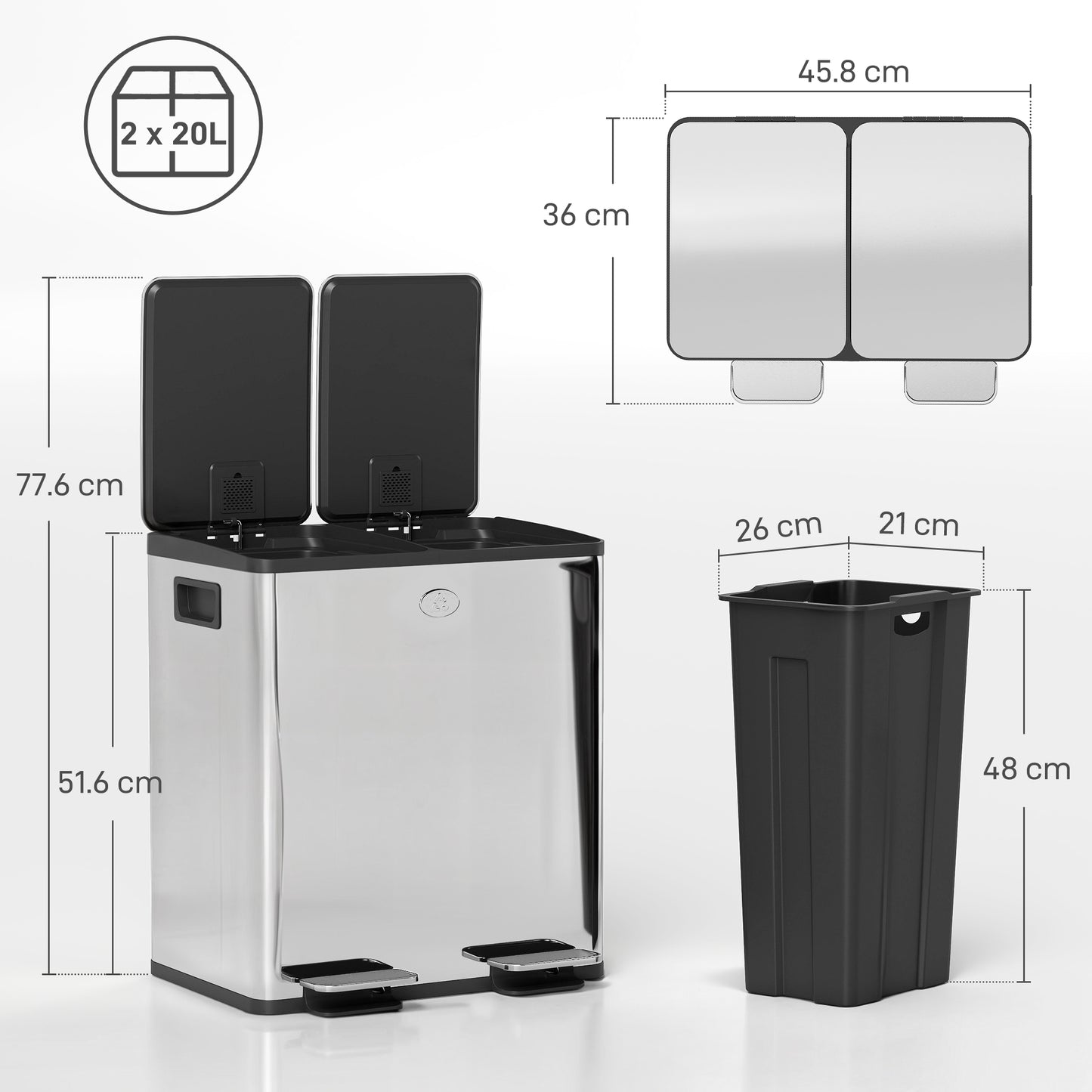 40L Dual Compartment Stainless Steel Bin, with Deodoriser Holders - Silver Tone
