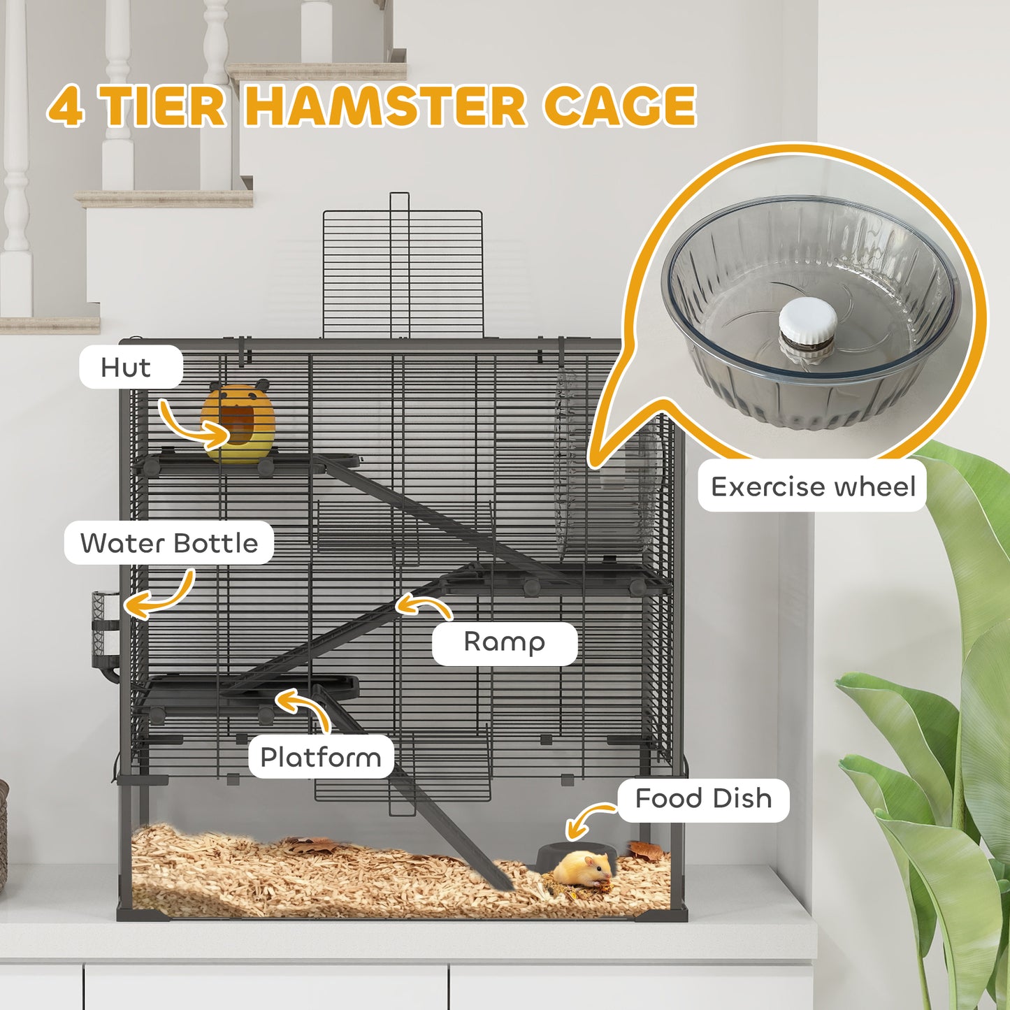 Four-Tier Hamster Cage with Deep Tempered Glass Bottom, Hut, Running Wheel, Food Dish, Water Bottle, 78.5 x 48.5 x 80cm