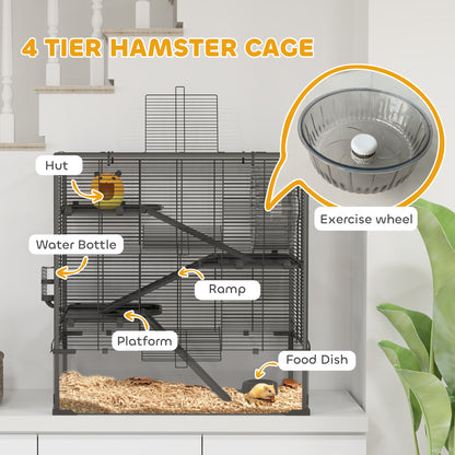 Four-Tier Hamster Cage with Deep Tempered Glass Bottom, Hut, Running Wheel, Food Dish, Water Bottle, 78.5 x 48.5 x 80cm