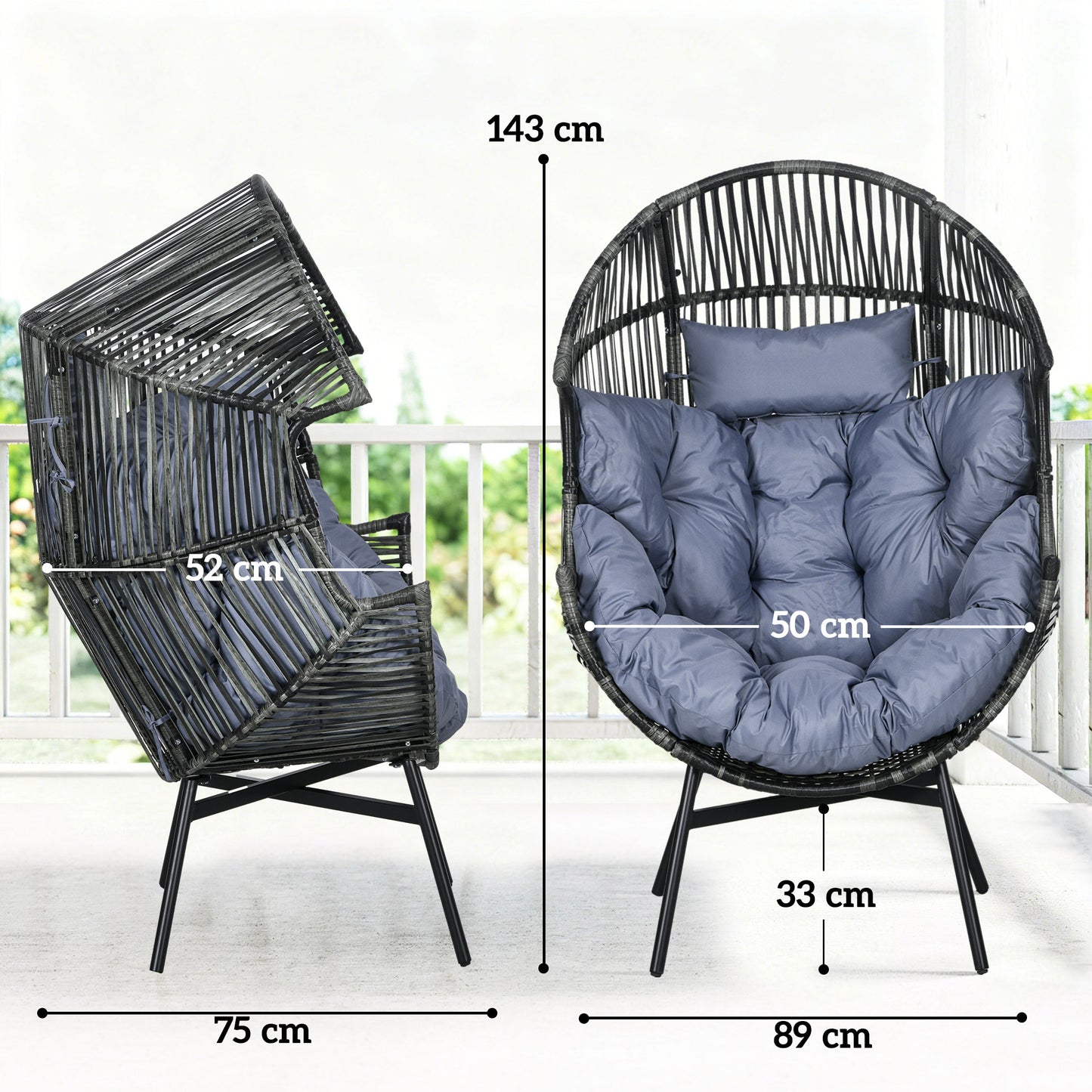 String Rattan Egg Chair, with Padded Seat Cushion - Grey/Black