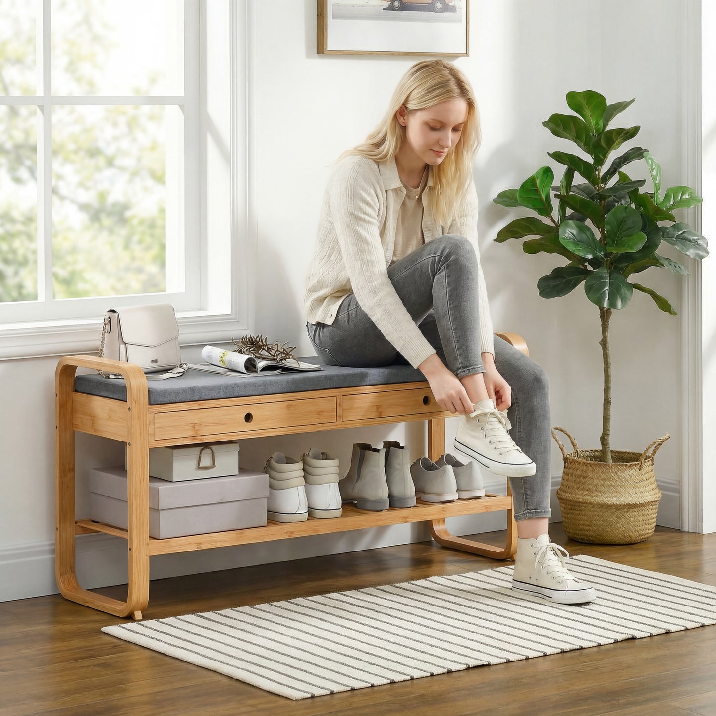 Shoe Bench with 2 Drawers Cushioned Seat Shoe Storage Bench for Hallway 105 cm Natural and Grey