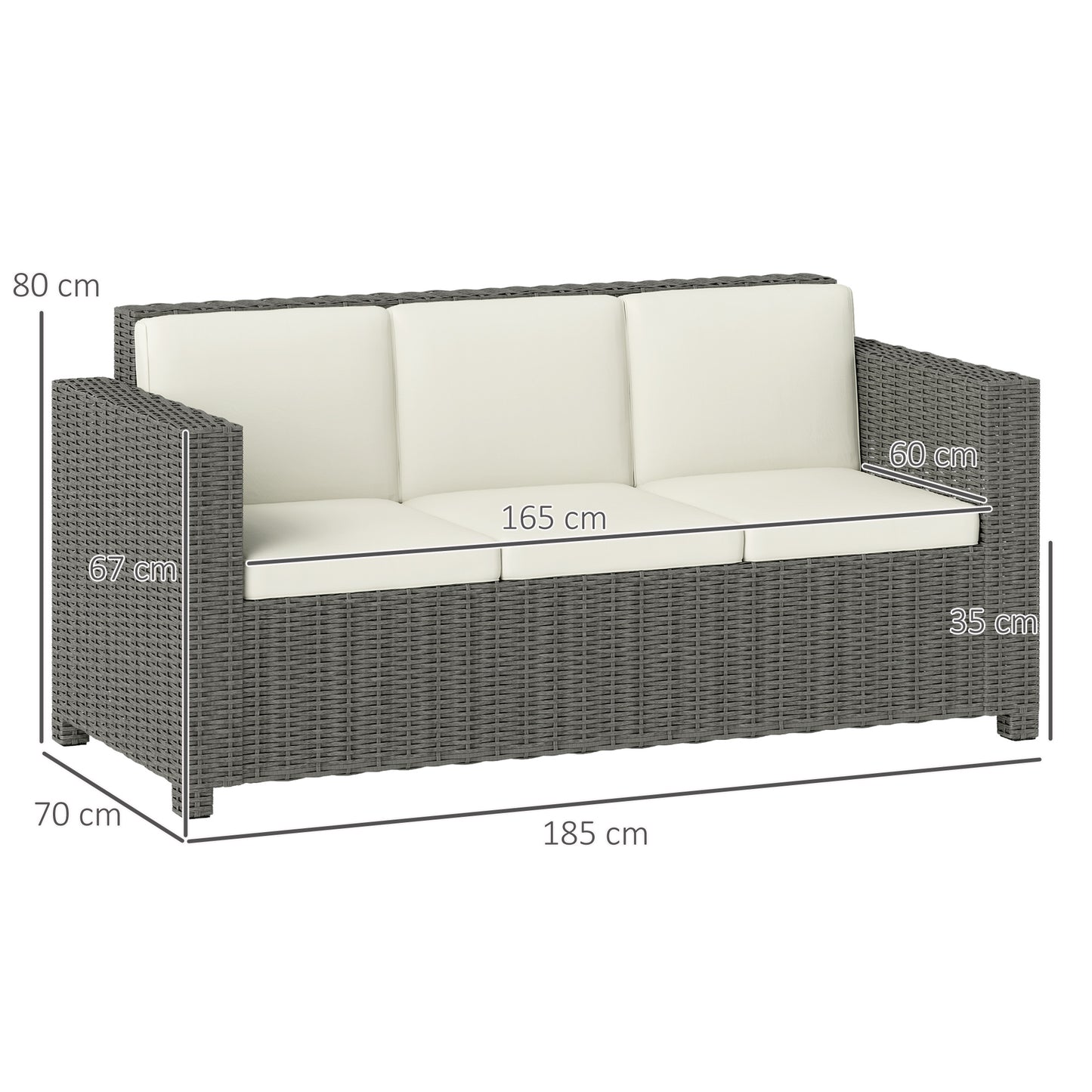 3 Seater Rattan Sofa All-Weather Wicker Weave Metal Frame Chair with Fire Resistant Cushio-Cream