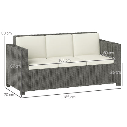 3 Seater Rattan Sofa All-Weather Wicker Weave Metal Frame Chair with Fire Resistant Cushio-Cream