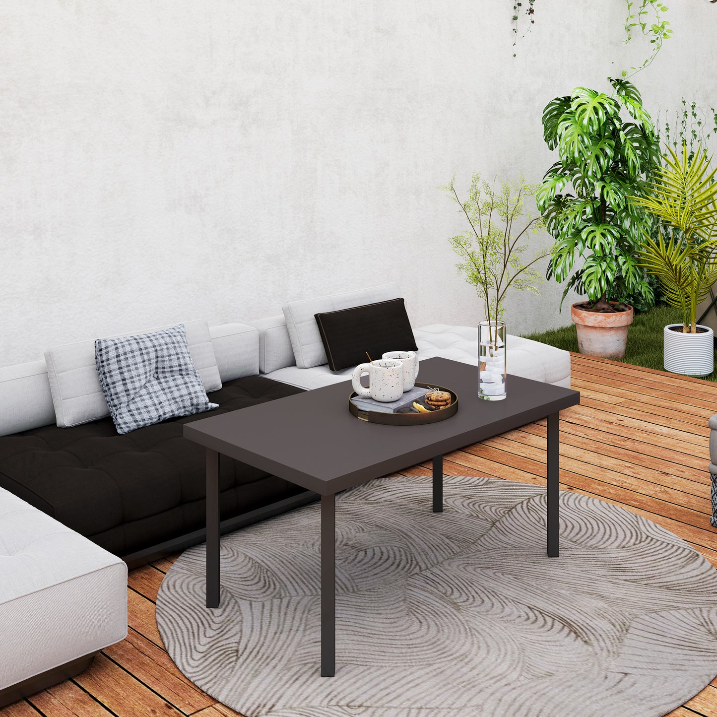 Metal Garden Coffee Table, Rectangular Outdoor Side Table with Woodgrain Tabletop, Foot Pads for Outside, Garden, Balcony