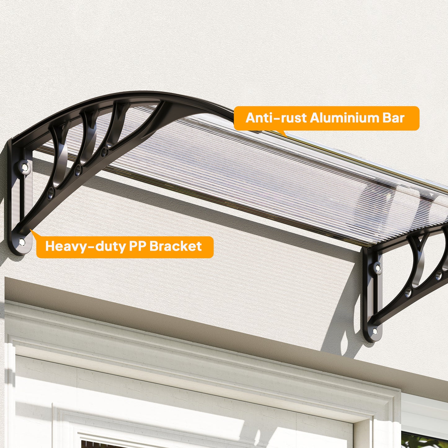 Front Door Canopy Outdoor Awning Aluminium Rigid Plastic Polycarbonate Rain Shelter UV Water Rain Resistant 120 x 75cm White