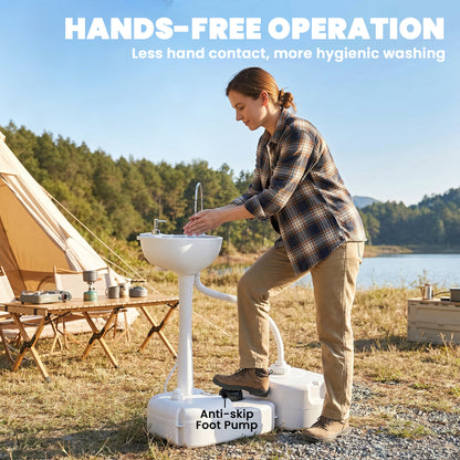 Portable Camping Sink with Running Water and Wastewater Tank, Hand Wash Basin with Rolling Wheels, Foot Pump