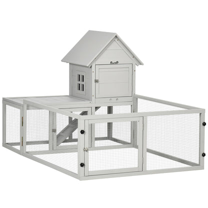 Indoor Rabbit Hutch, Guinea Pig Cage, with Slide-Out Tray, Large Fenced Area - Light Grey