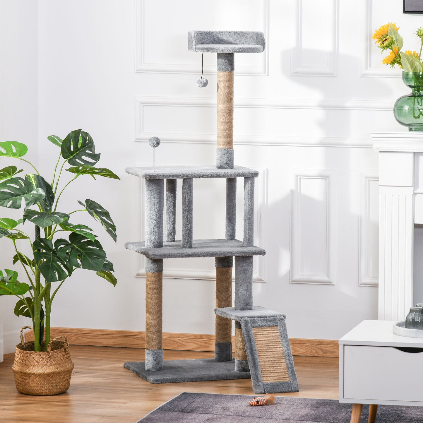 Cat Tree Tower 142cm Climbing Kitten Activity Center with Jute Scratching Post Board, Removable Felt Hanging Toy, Grey