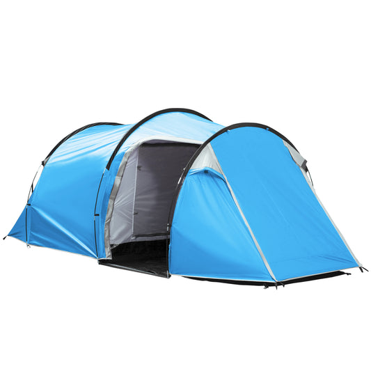 2-3 Man Tunnel Tent with Vestibule, Weather-Resistant Camping Tent with Air Vents for Fishing Hiking, Light Blue & Grey