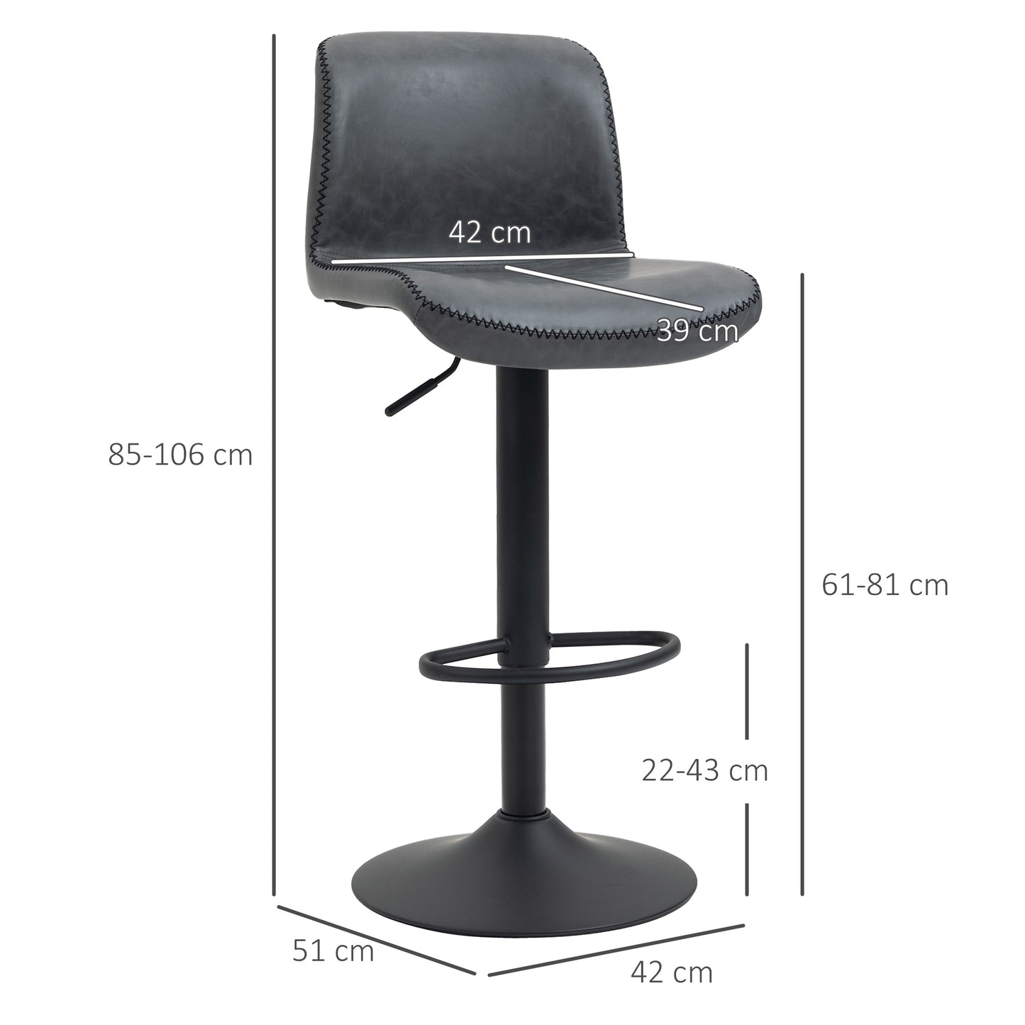 Bar Stools Set of 2, PU Leather Barstools with Backrest and Footrest for Kitchen, Counter, Breakfast Bar, Dark Grey