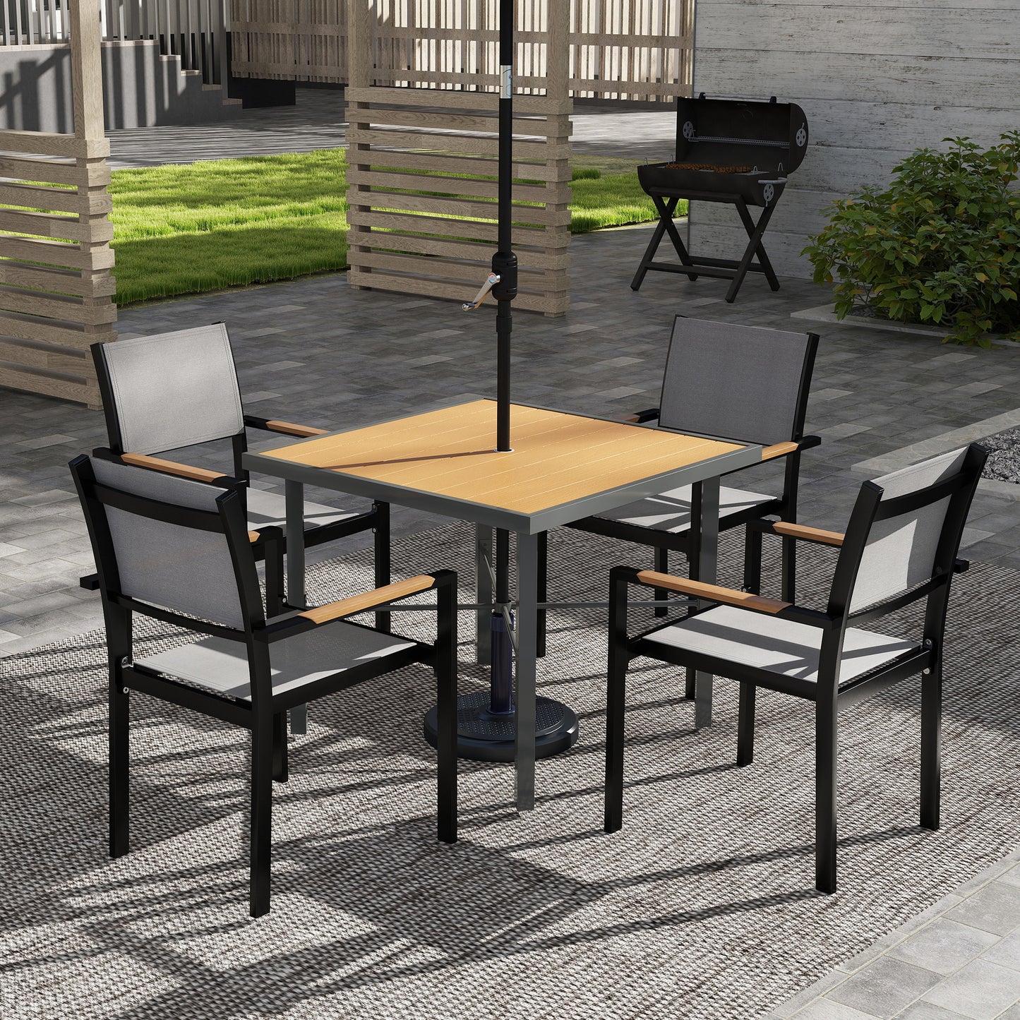 Garden Table for 4, 90 cm Rectangular Outdoor Dining Table with 4.2 cm Umbrella Hole, Wood Effect Top, Rust Resistant Frame