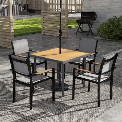 Garden Table for 4, 90 cm Rectangular Outdoor Dining Table with 4.2 cm Umbrella Hole, Wood Effect Top, Rust Resistant Frame