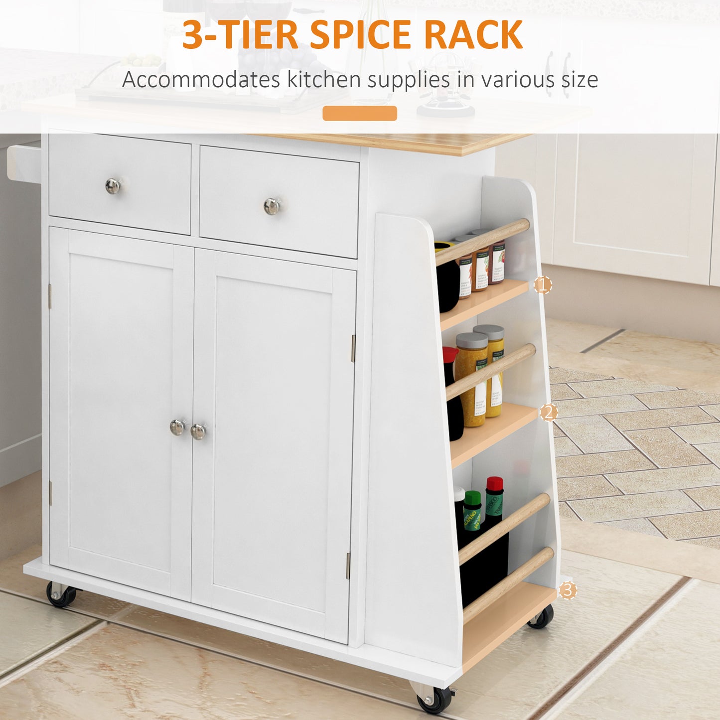 Kitchen Island on Wheels, Mobile Storage Trolley, Rolling Kitchen Cart with Rubber Wood Top, 2-Door Cabinets, 2 Drawers