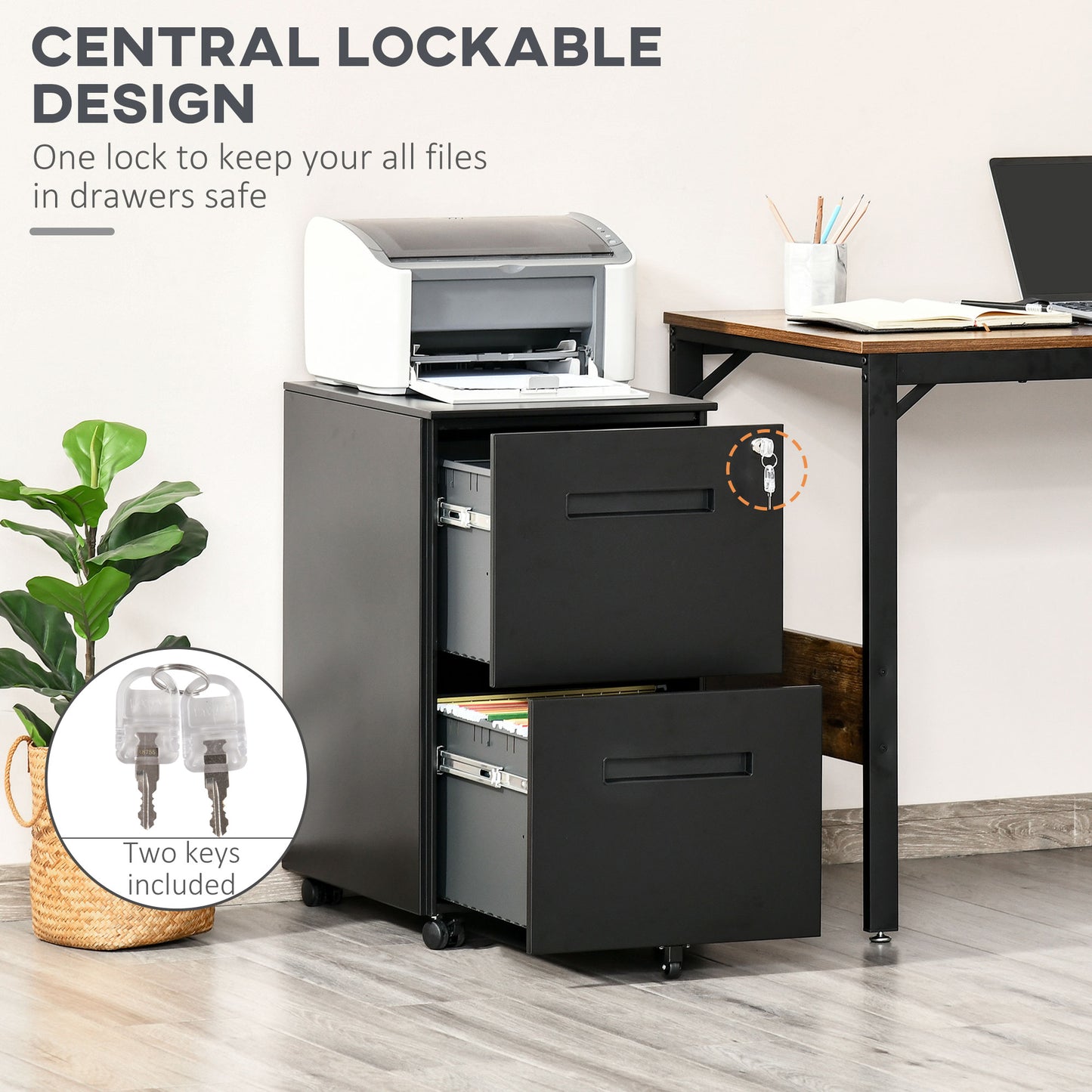 Metal Mobile File Cabinet with Wheels, Lockable 2 Drawer Filing Cabinet for A4, Legal, Letter