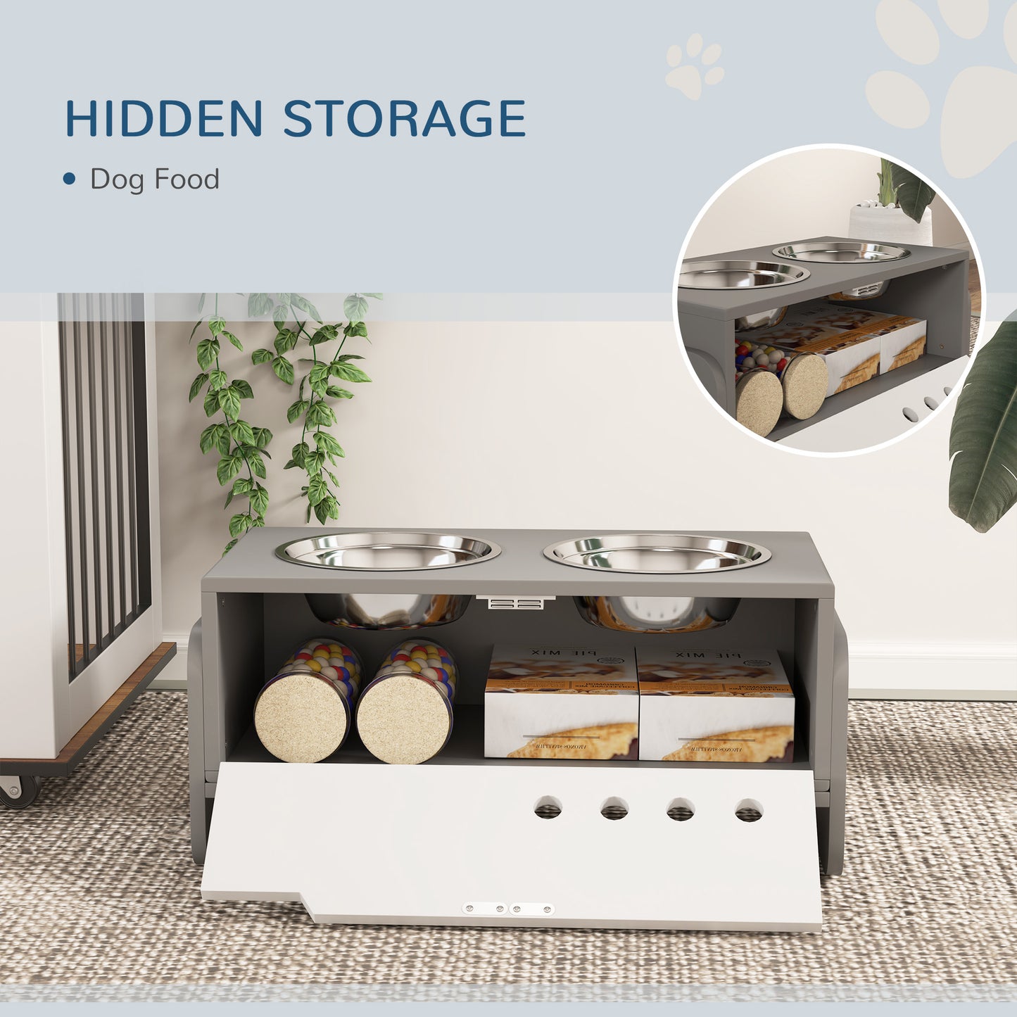 3 Height Adjustable Raised Dog Bowls, Dog Feeding Storage Station w/ Slow Feeder Mat, 2 Stainless Steel Bowls