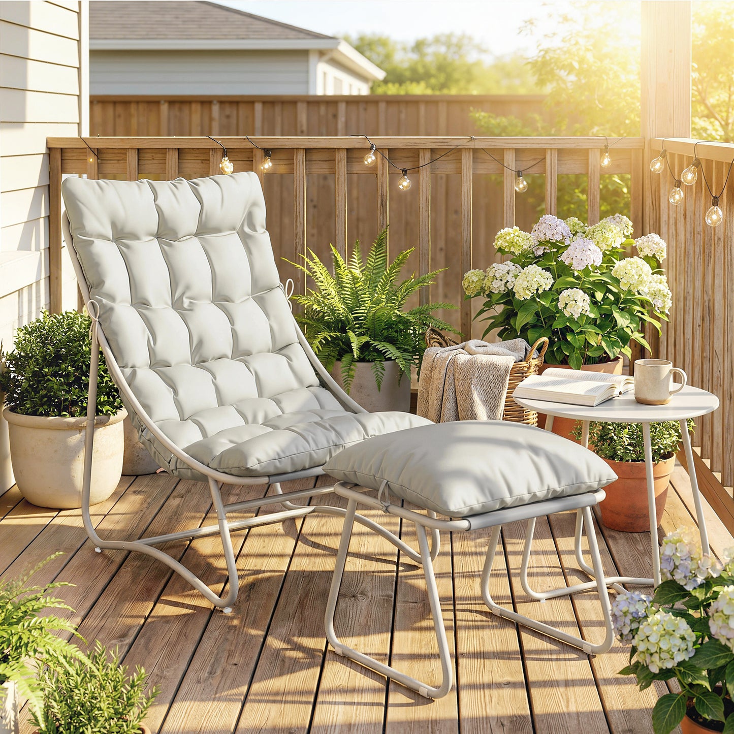 Bistro Set for Garden, 3 Piece Outdoor Table and Chair with Footstool and Removable Cushions, Comfy Balcony Furniture