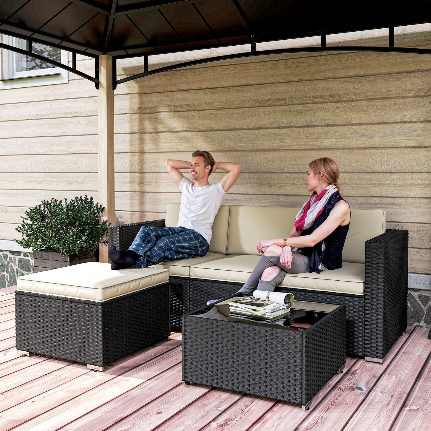 3 Pieces Garden Furniture Set w/ Cushions, PE Rattan Wicker Conversation Corner Sofa Set