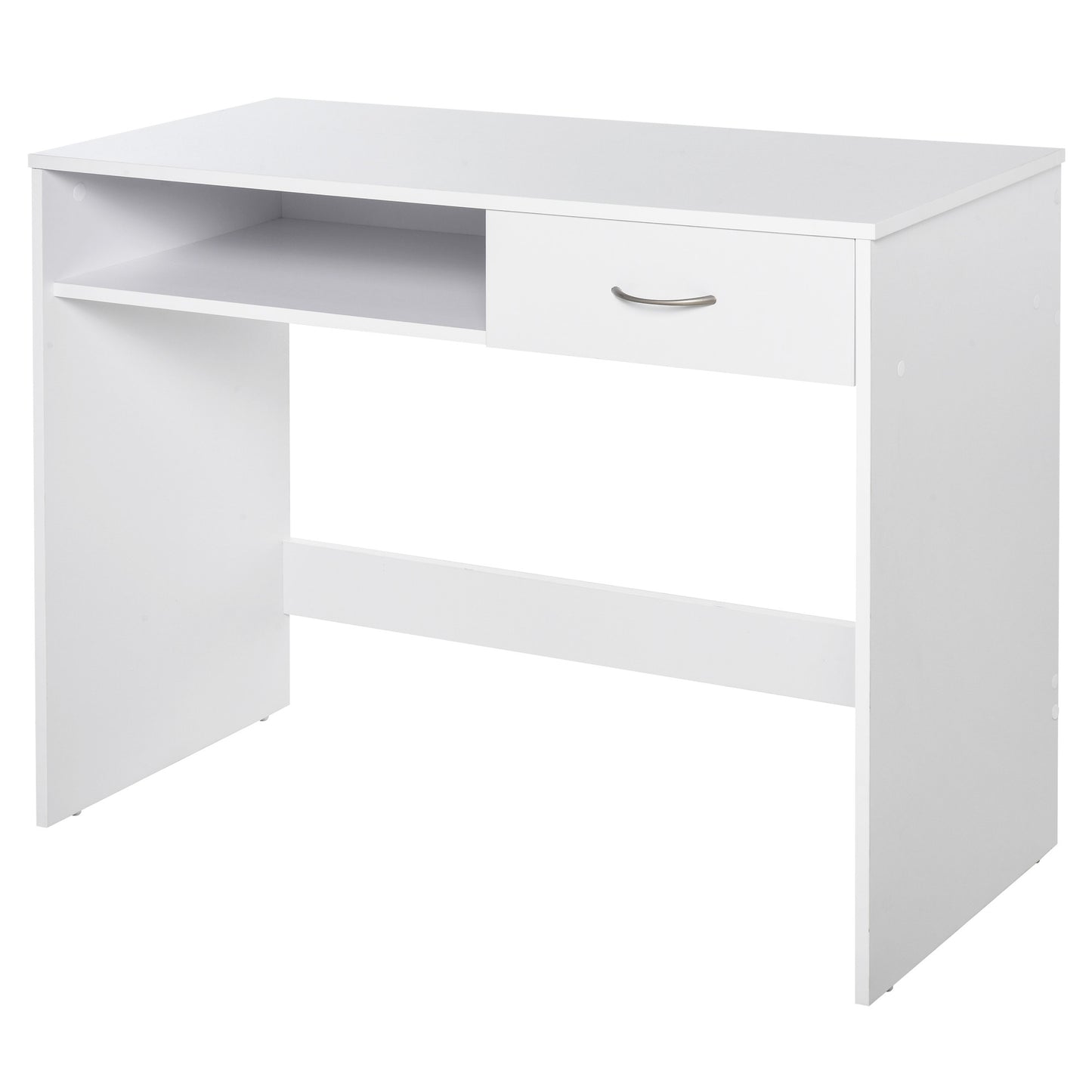 Compact Computer Desk, Study Table with Drawer and Storage Compartment, Writing Workstation, White