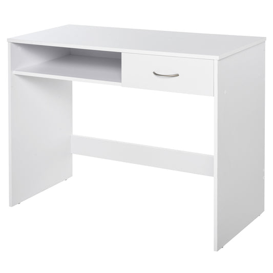 Compact Computer Desk, Study Table with Drawer and Storage Compartment, Writing Workstation, White