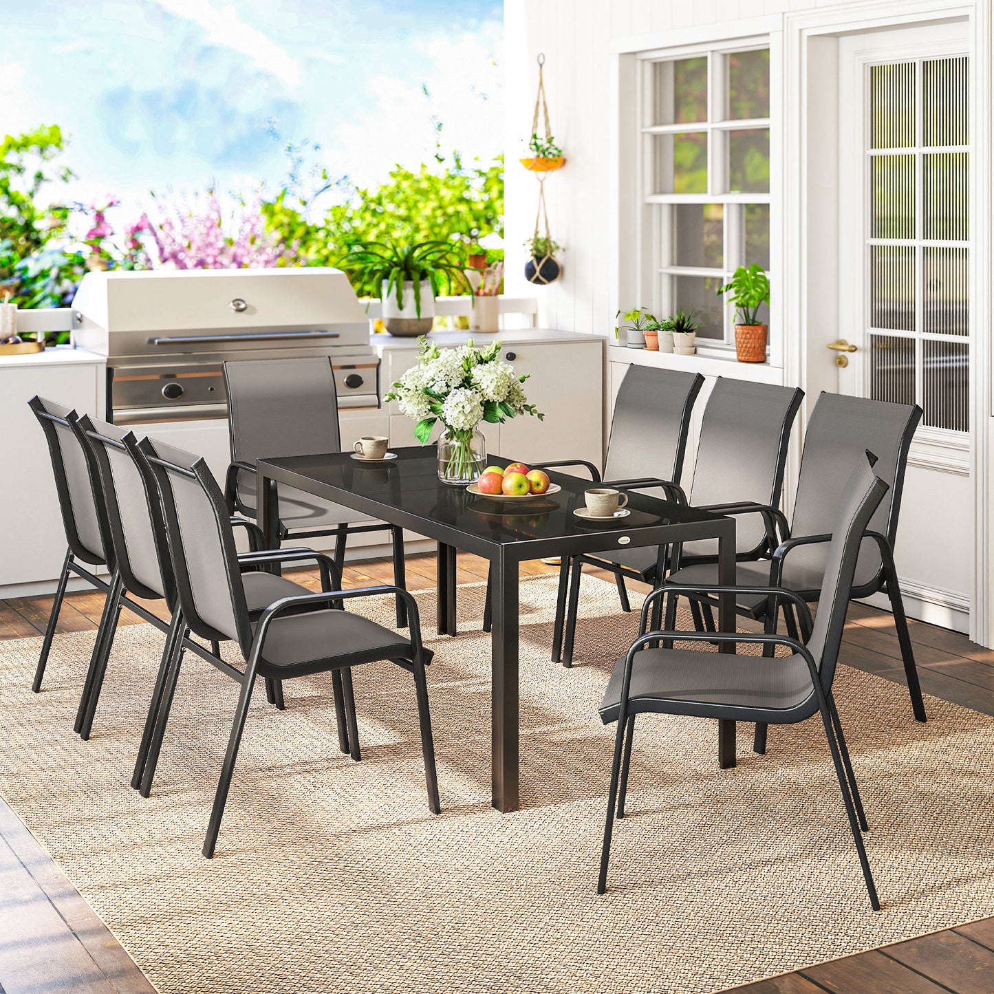 9 Pieces Garden Dining Set, Outdoor Table and Chairs Set for 8, Garden Furniture Set with Tempered Glass Top, Dark Grey