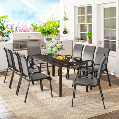 9 Pieces Garden Dining Set, Outdoor Table and Chairs Set for 8, Garden Furniture Set with Tempered Glass Top, Dark Grey