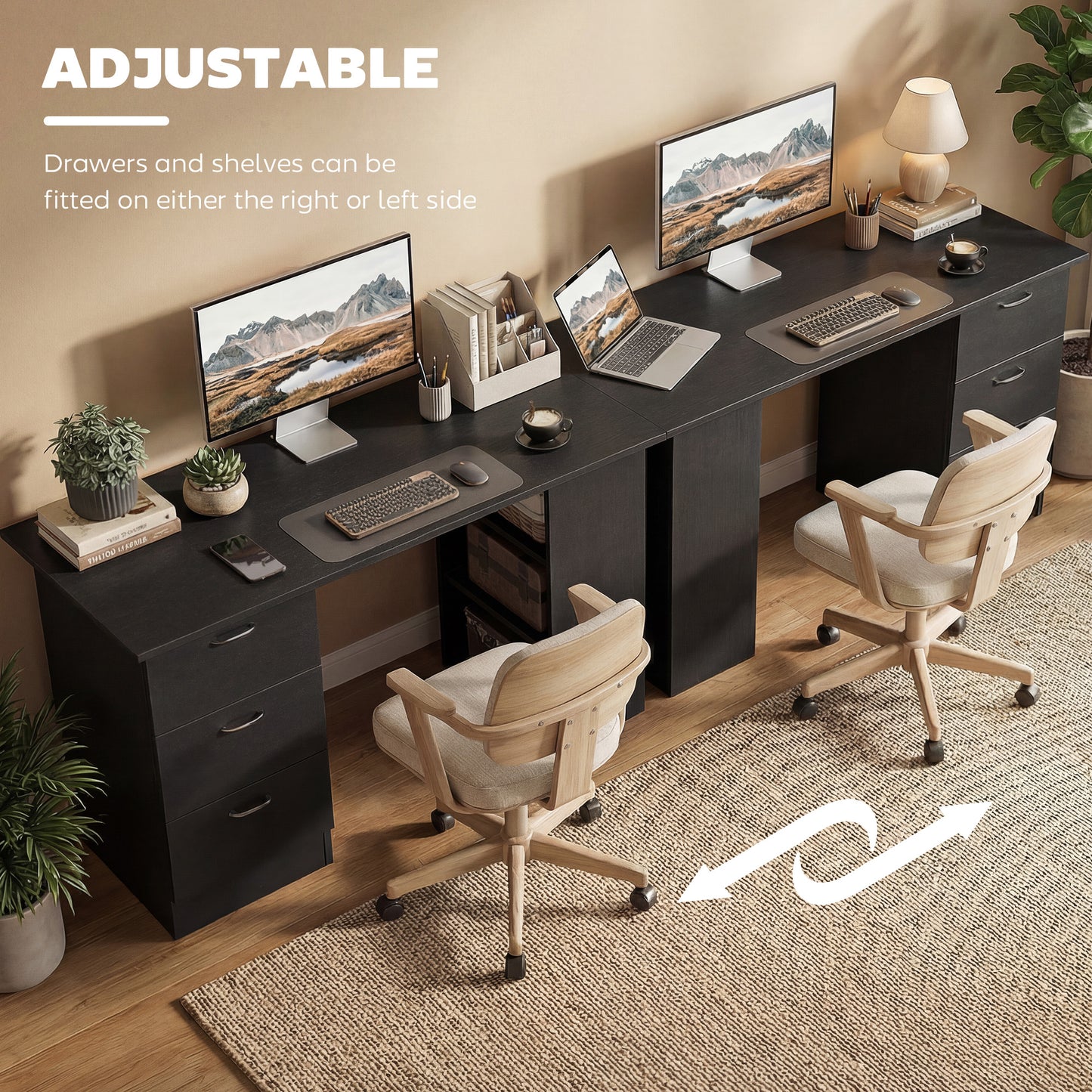 Computer Desk, Writing Table, PC Workstation with 3 Storage Shelves and Drawers, Handle, for Home Office, Black