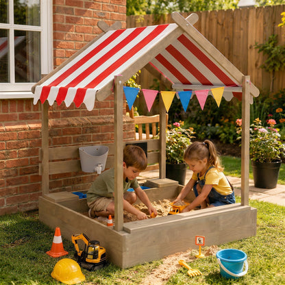 House-Designed Wooden Sandbox, Outdoor Sandpit, with Blackboard, Toys, Sink, Seats, Flags, for Ages 3-7 Years - Grey