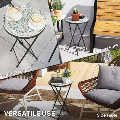 Mosaic Outdoor Garden Table, 35.5cm Round Folding Coffee Table with Metal Frame for Balcony Terrace, Green