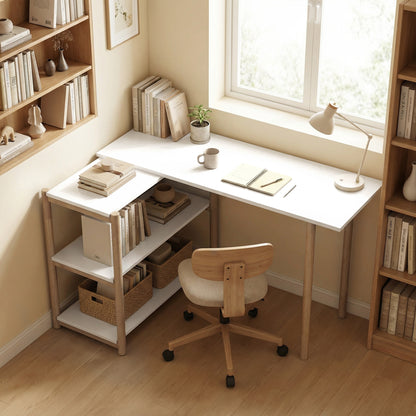 Computer Desk with Storage Shelves Modern Writing Desk Bamboo Frame for Home Office 150 cm White and Oak