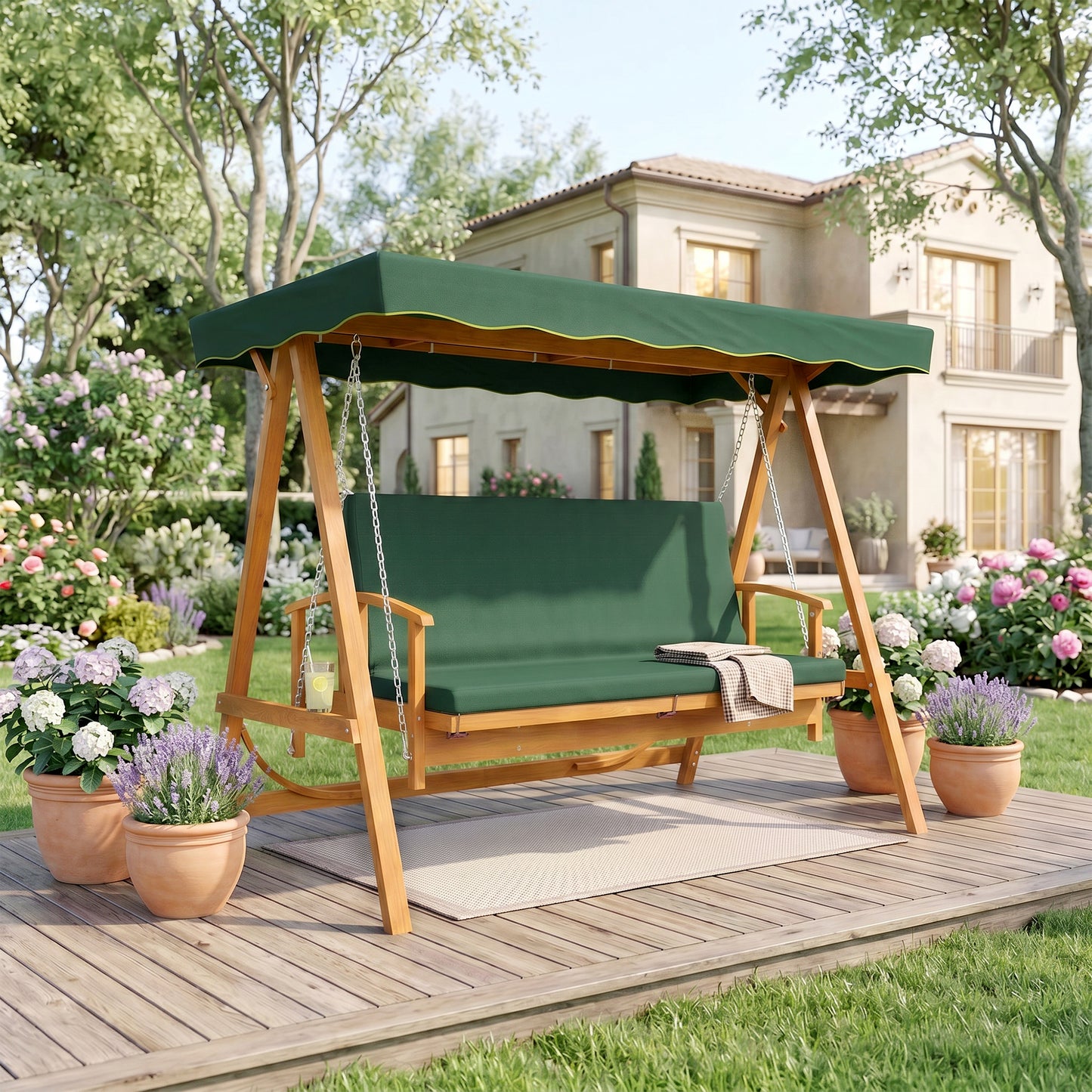 3 Seater 2-in-1 Wooden Garden Swing Seat Swing Chair, Outdoor Convertible Hammock Bench w/cushion, Furniture Lounger Bed