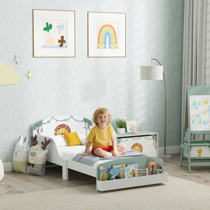 Toddler Bed with Storage, Guardrails, Lion Design, for Ages 3-8 Years, Fits 140 x 70cm Mattress, Green