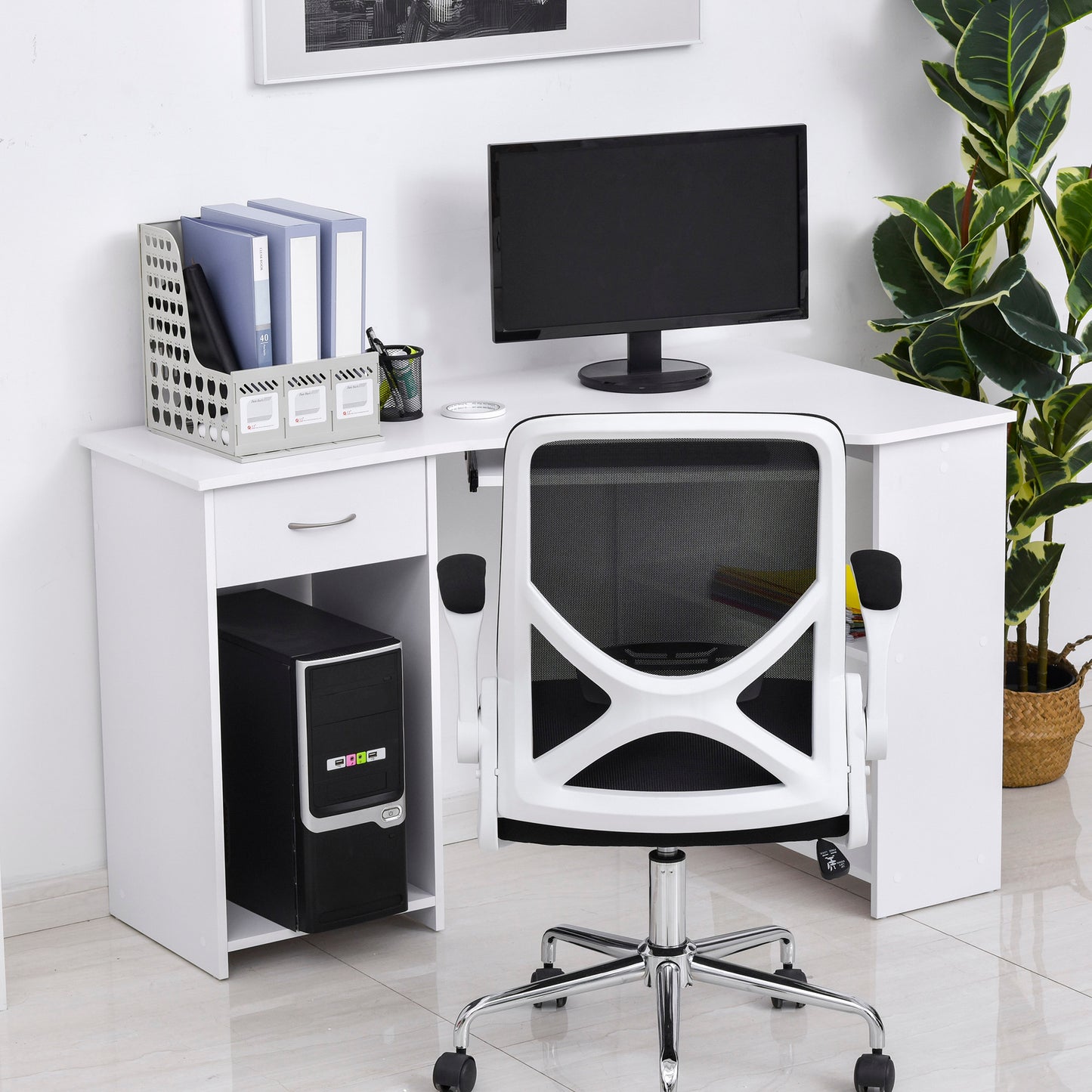 L-Shaped Corner Computer Desk w/ 2 Shelves Wide Worktop Keyboard Tray Drawer & CPU Stand Home Office Study Bedroom Furniture
