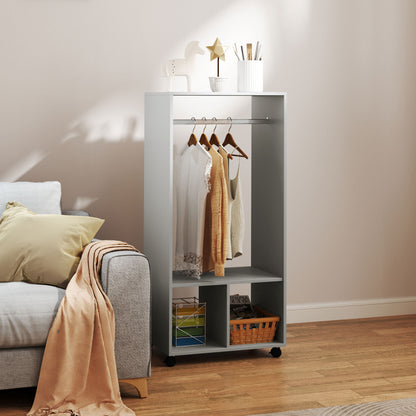 Open Wardrobe on Wheels, Bedroom Wardrobe with Clothes Hanging Rail, 2 Storage Shelves, Mobile Garment Rack for Cloakroom