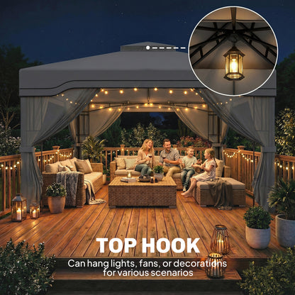 3 x 3.6 m Outdoor Garden Gazebo with Post Shelves, UPF50+ Patio Permanent Pavilion with Hook, Dark Grey