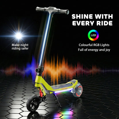 Electric Scooter for Kids, Foldable E Scooter for Age Age 6+ with LED Display, RGB lights, Up to 16km/h, Green