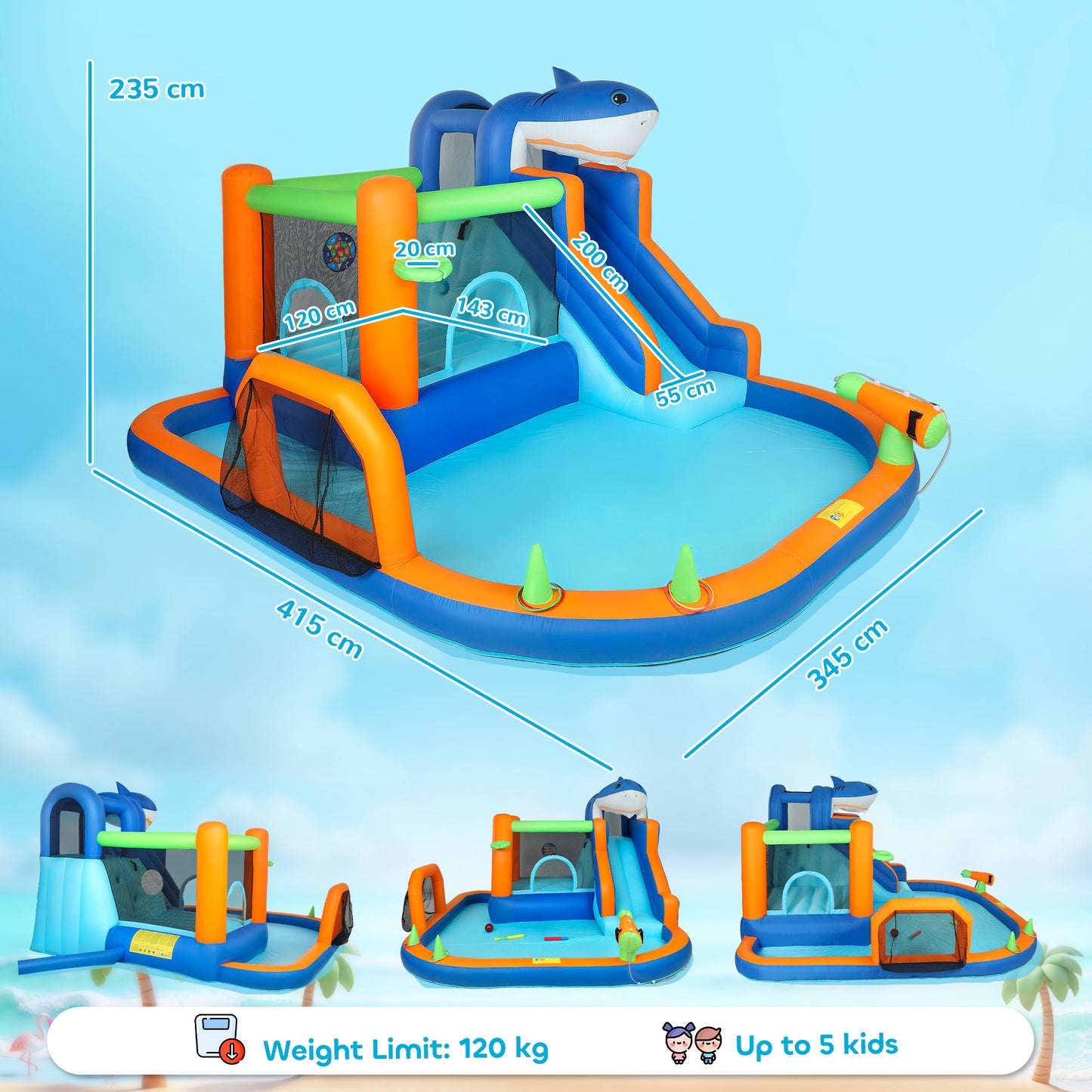 Inflatable Bouncy Castle for Kids, Sharks Theme Jumping Bounce House with Slide, Climbing Wall for Indoor Outdoor