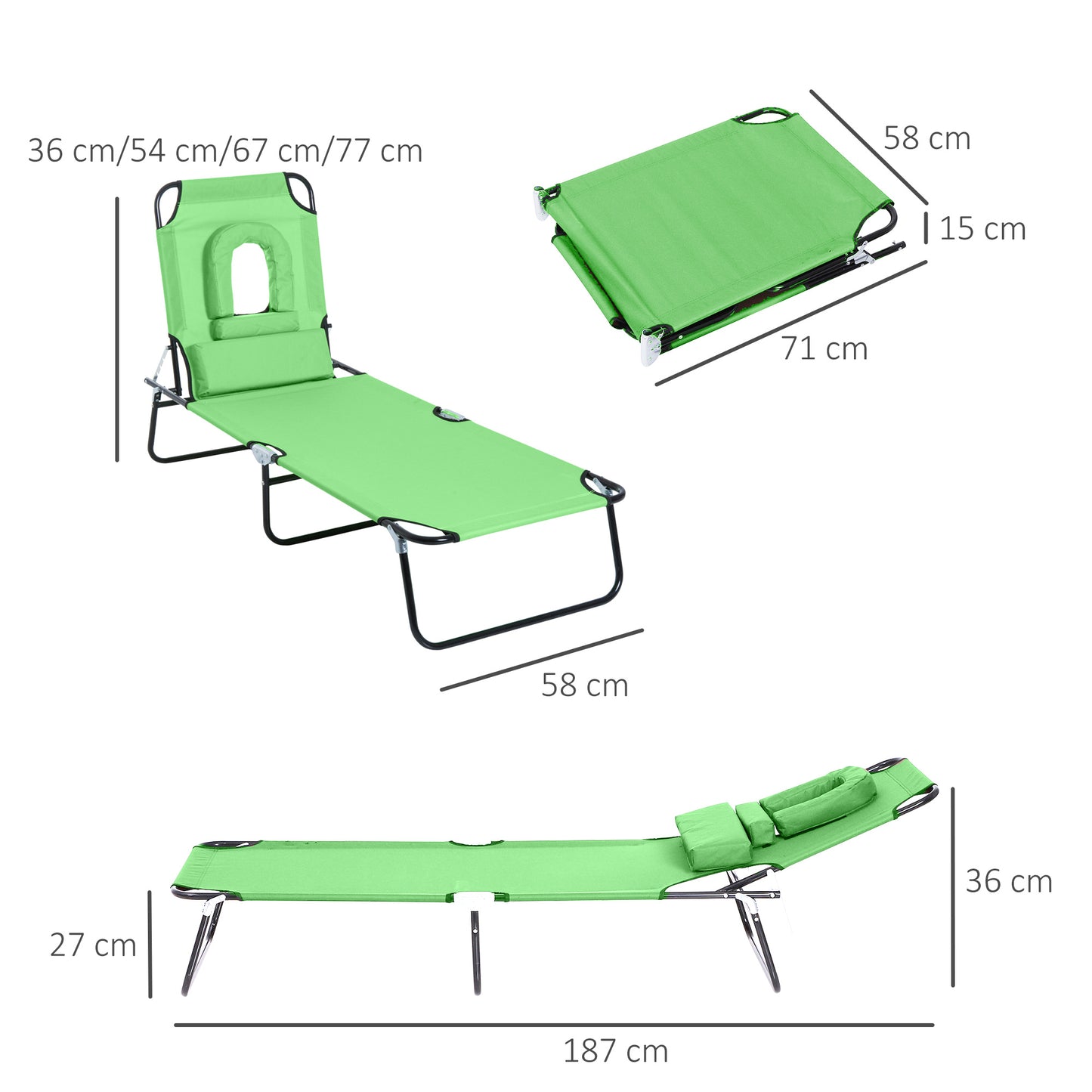 Folding Sun Lounger with Face Hole, 4-Position Adjustable Backrest Garden Recliner Chair Sunbed, Outdoor Lounge Chair