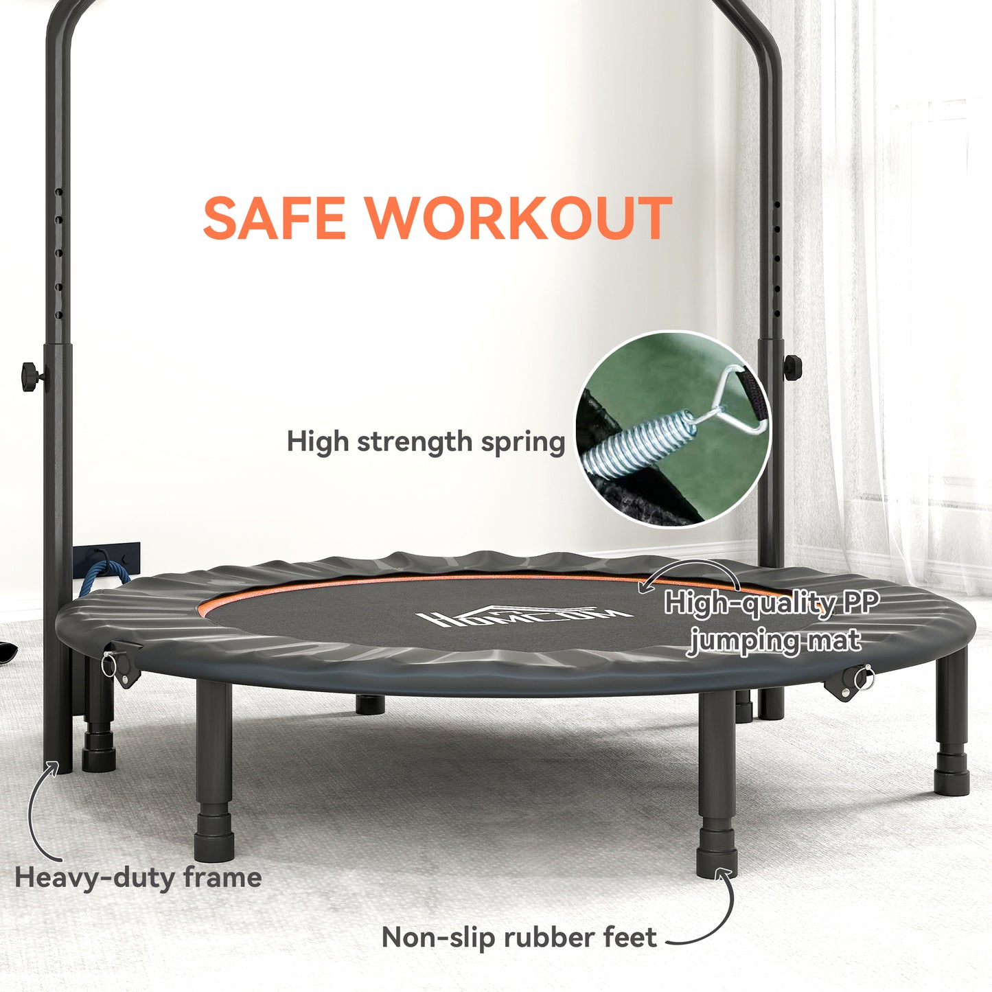48" Foldable Mini Fitness Trampoline, with Adjustable Foam Handle, Orange
