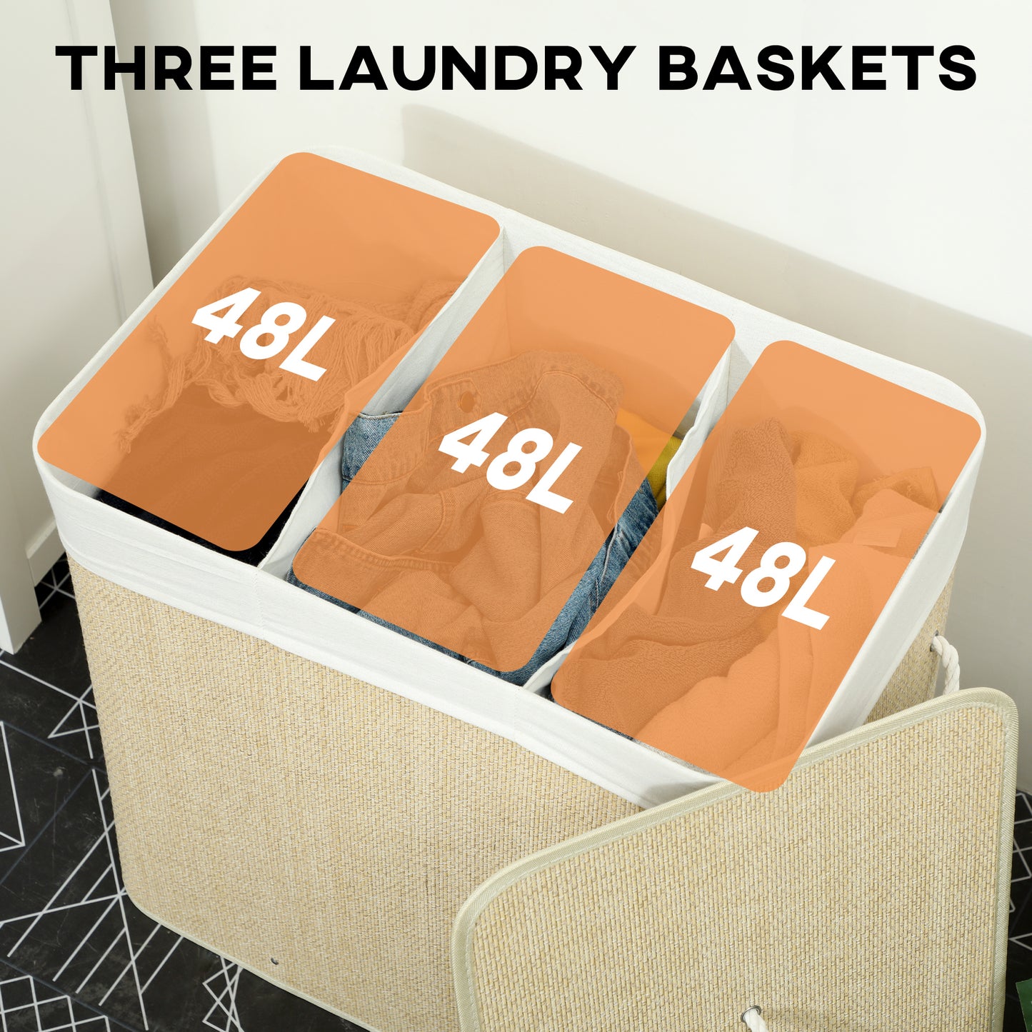 3 Section Laundry Basket with Lid, 144L Bamboo Laundry Hamper with Handles, Removable and Washable Liner, Cream White