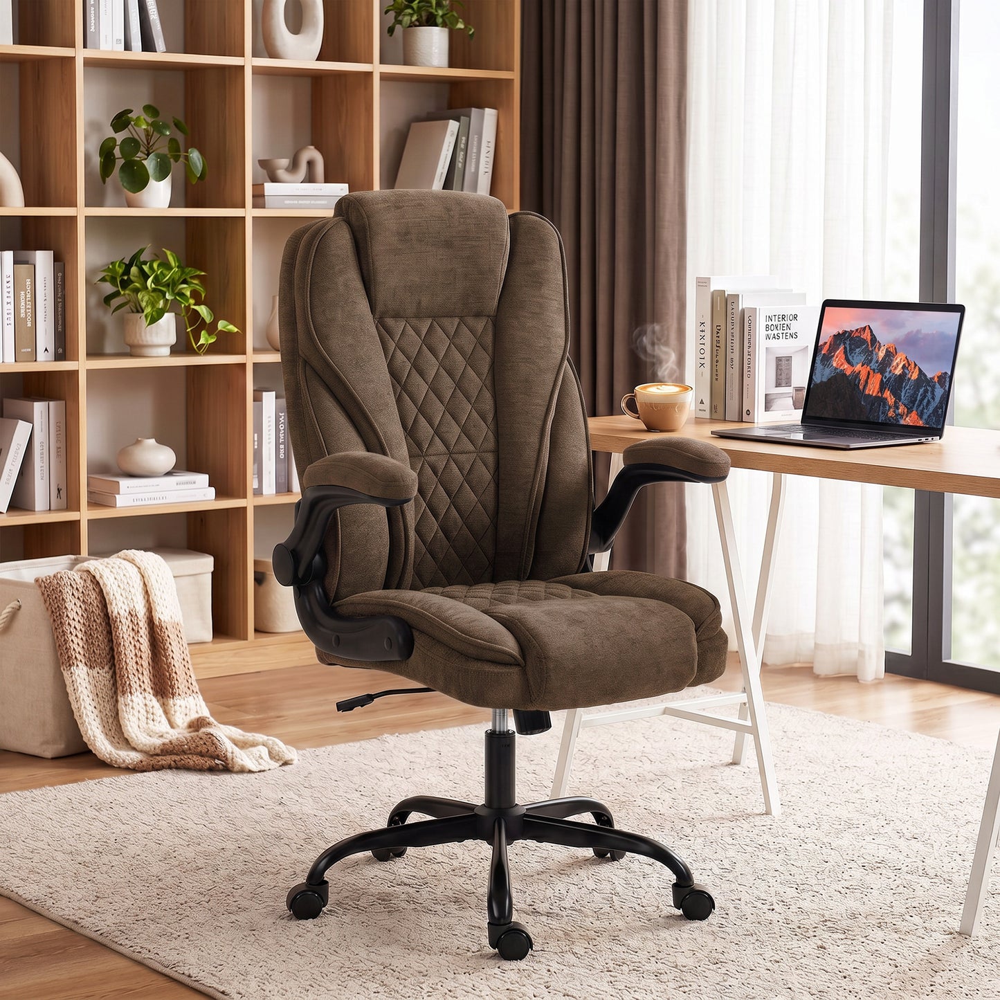 Office Chair, Ergonomic Desk Chair with Flip-up Armrest, Pocket Springs, Swivel Wheels, Adjustable Height, Brown