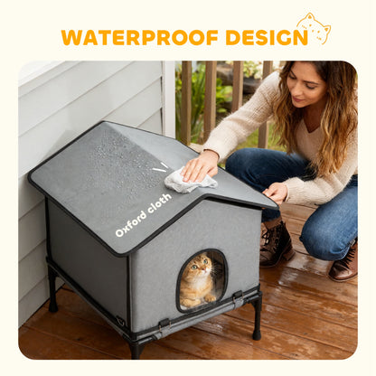 Outdoor Cat House, Waterproof Insulated Cat Kennel with Elevated Base, Foldable Feral Kitty Shelter for Kittens, Grey