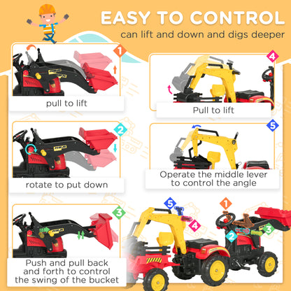 Ride On Tractor for Kids, 3 in 1 Ride On Excavator Toy Car with Adjustable Bucket, Digger and Removable Trailer